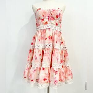 Cherley Strapless Floral Lace Mini Dress Pink Large Coquette Romantic